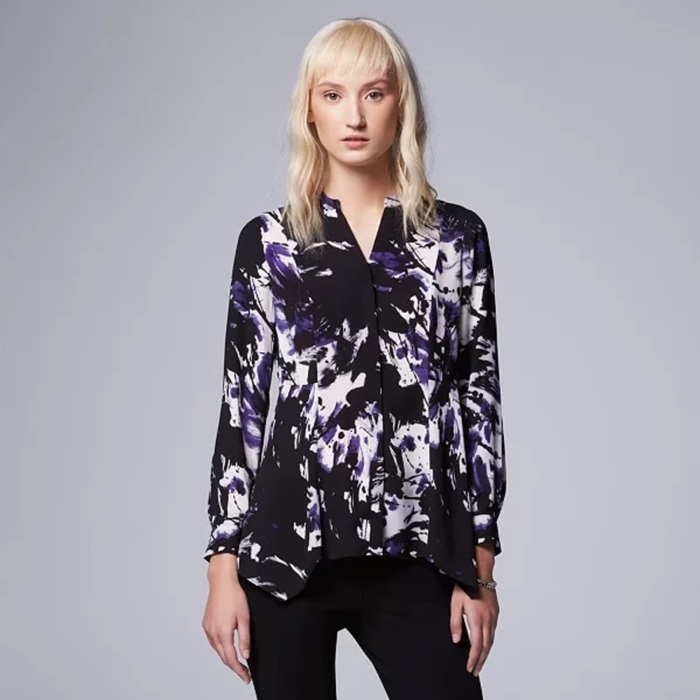 Simply Vera Wang Petite Medium Floral Handkerchief-Hem Blouse Top Long Sleeve